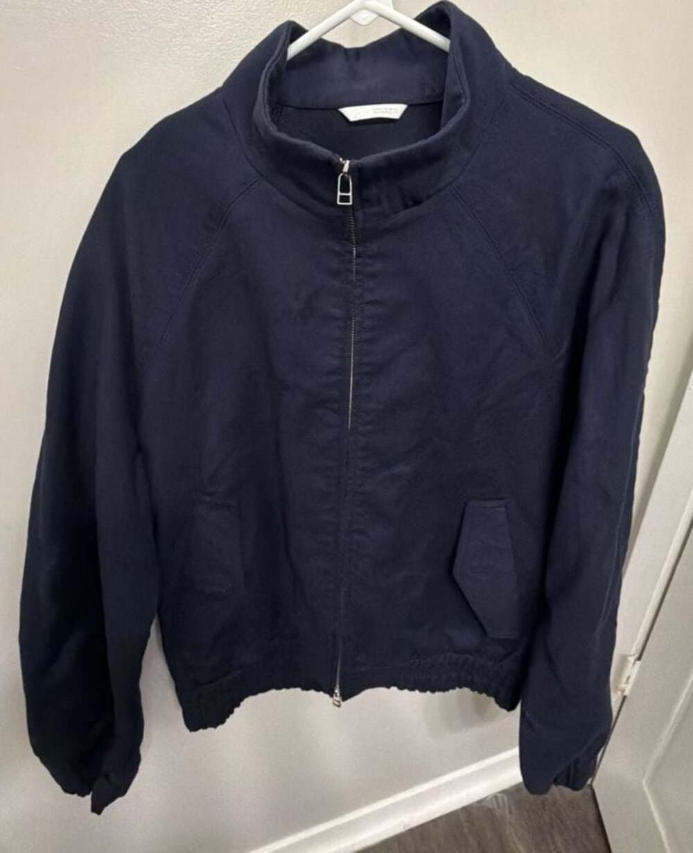 Zara Men’s Large Navy Blue Bomber Jacket Full Zip High Collar Flap Pocket